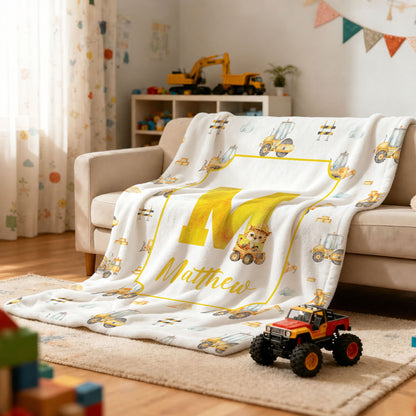 Personalized Cartoon Animal Construction Bulldozer Soft Throw Blanket with Name and Initial Nursery Decor Birthday Baby Shower Gift for New Baby