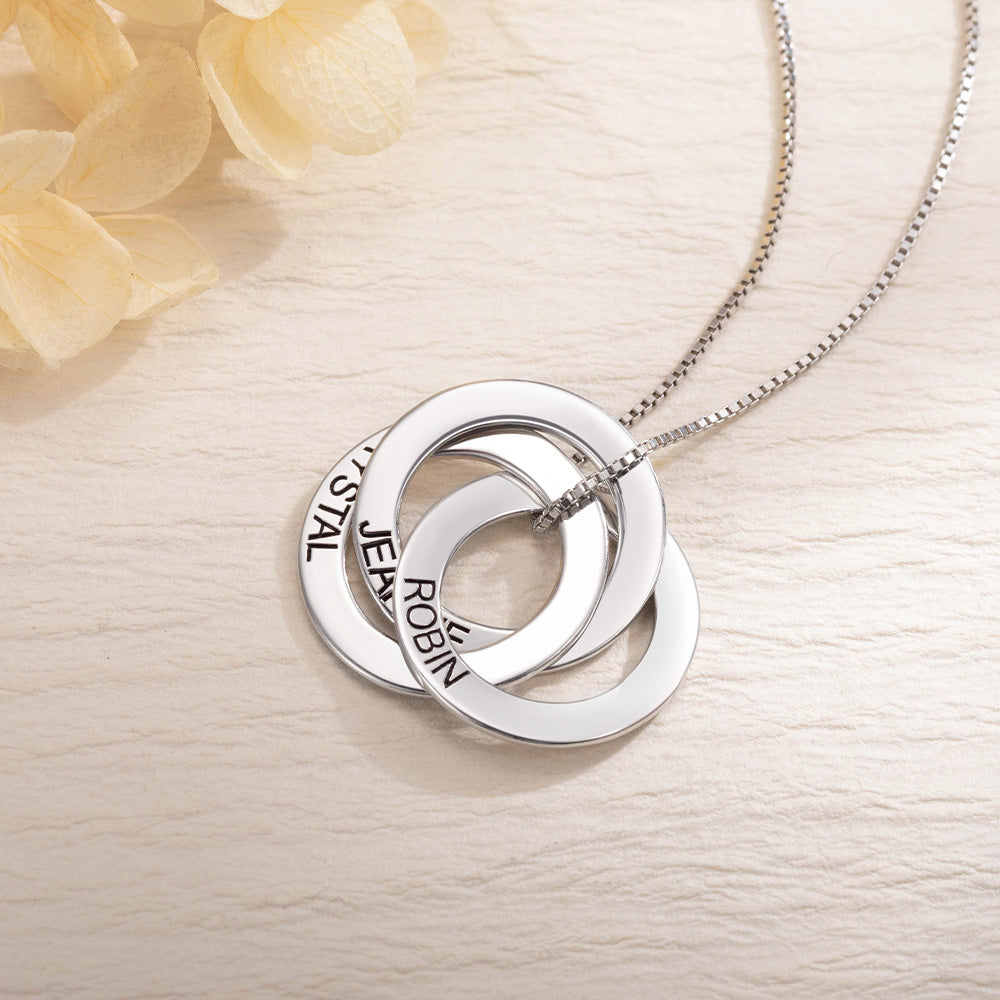 Personalized Sterling Silver 2-5 Russian Ring Interlocking Necklace with Engraved Name Mother's Day Birthday Gift for Family
