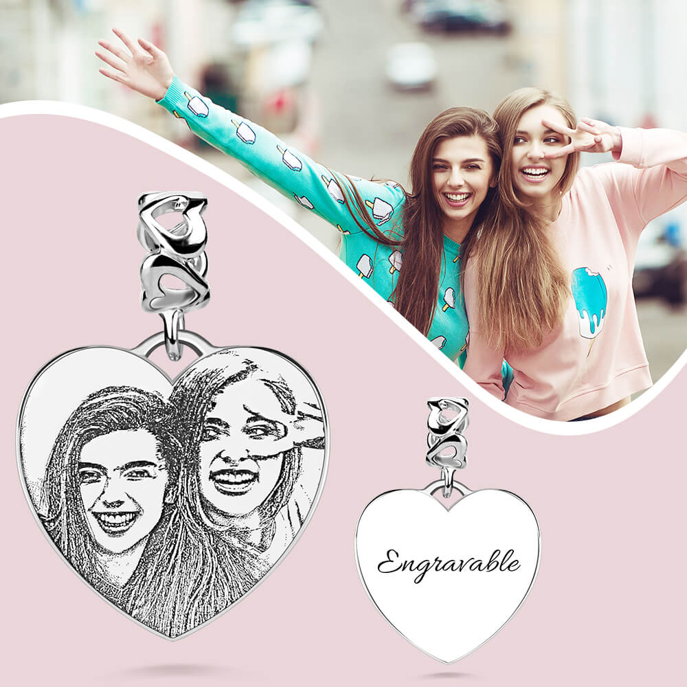 Personalized Heart Shaped Engraved Sketch Sterling Silver Photo Charm for Bracelet Necklace Birthday Mother's Day Gift for Women Girl