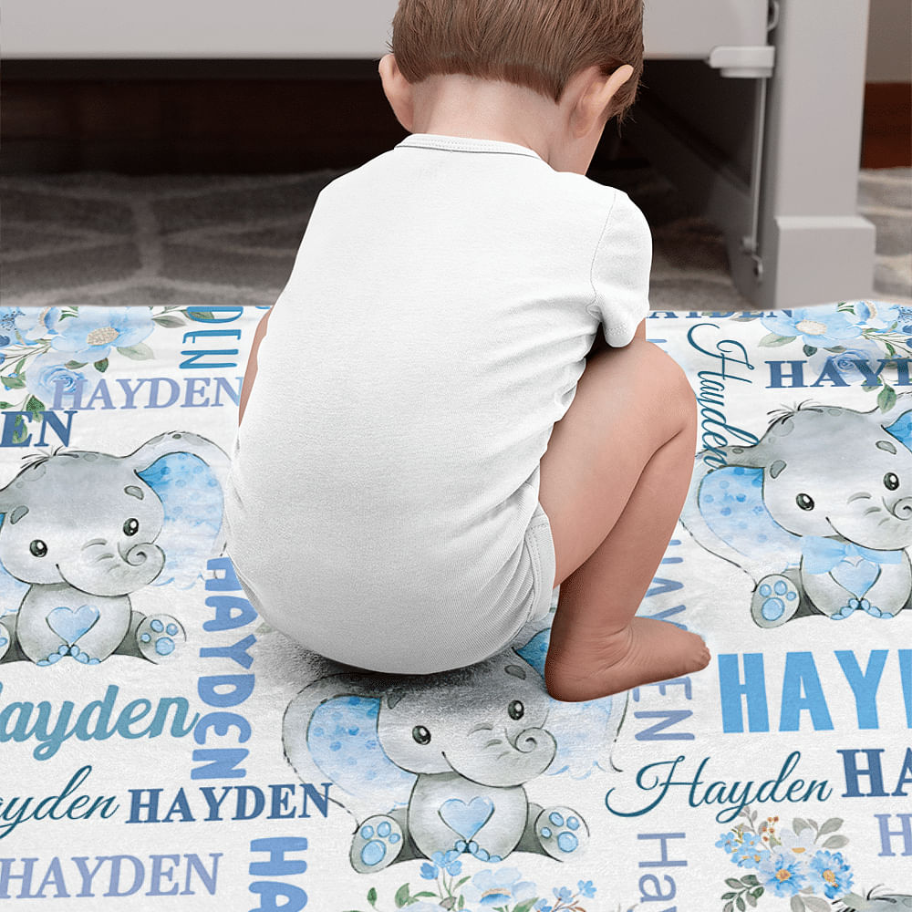 Personalized Cute Pink Blue Floral Elephant Soft Throw Blanket with Multiple Names Nursery Room Decor Birthday Baby Shower Gift for Boys Girls