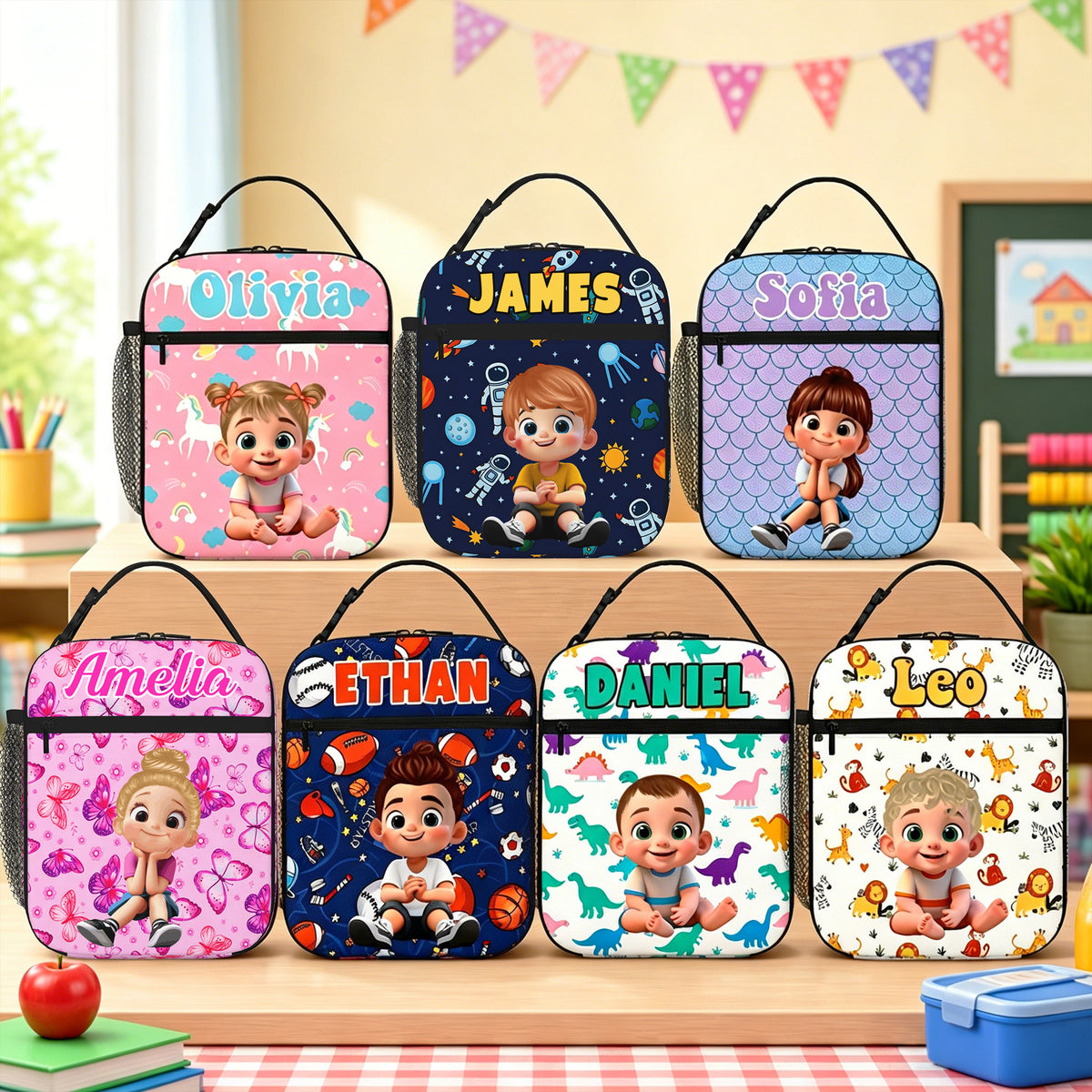 Personalized Q-Version Cartoon Kid Character Insulated Lunch Bag with Name Daily Travel Back to School Birthday Gift for Kids Students