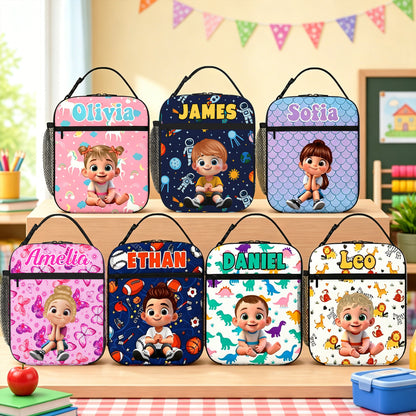 Personalized Q-Version Cartoon Kid Character Insulated Lunch Bag with Name Daily Travel Back to School Birthday Gift for Kids Students