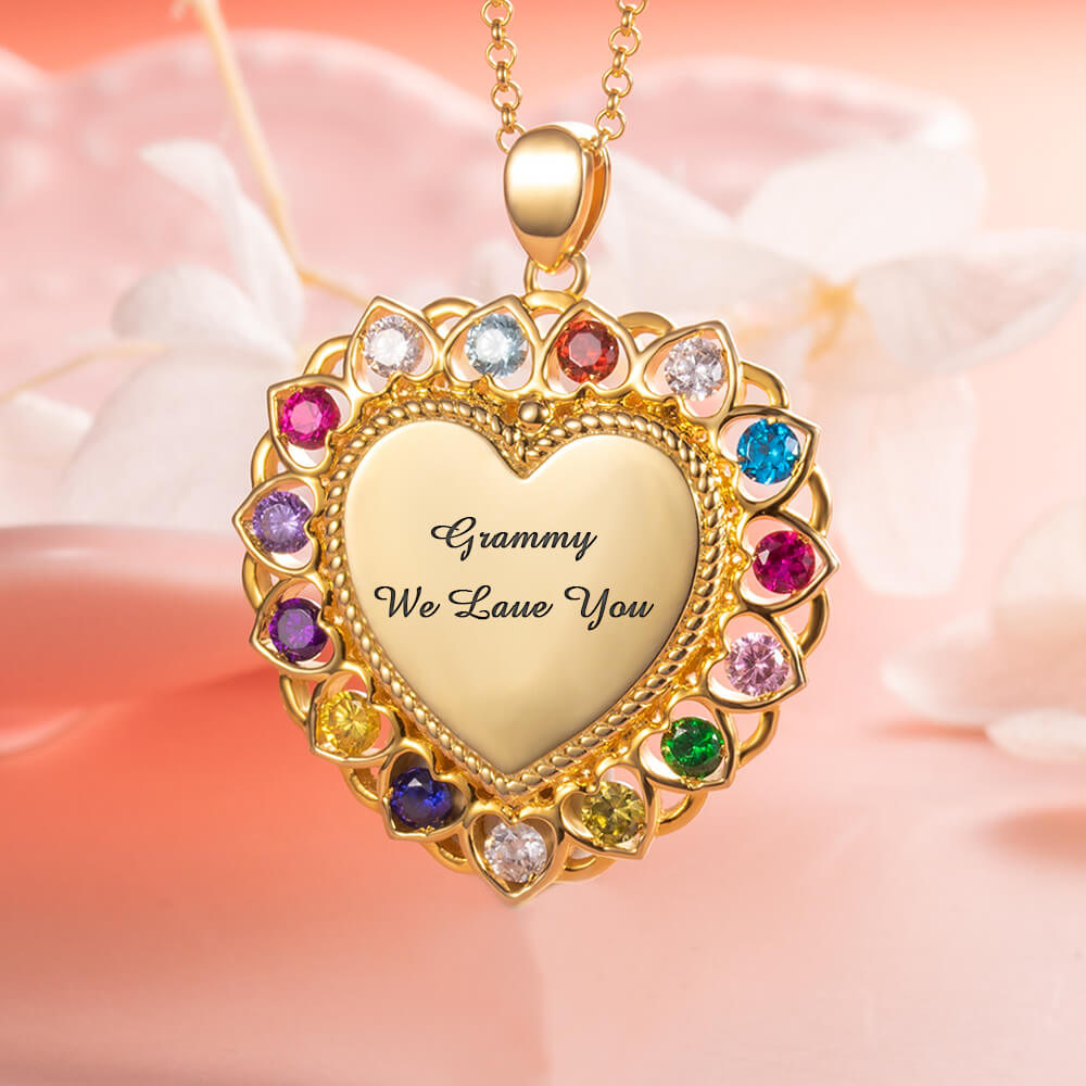 Mom or Grandma Heart Necklace with Kid's Birthstones and Engraving