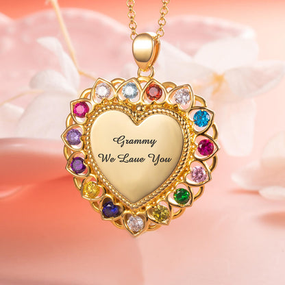 Mom or Grandma Heart Necklace with Kid's Birthstones and Engraving