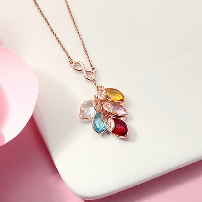 Mom Necklace with Kid's Initials & Leaves Birthstones