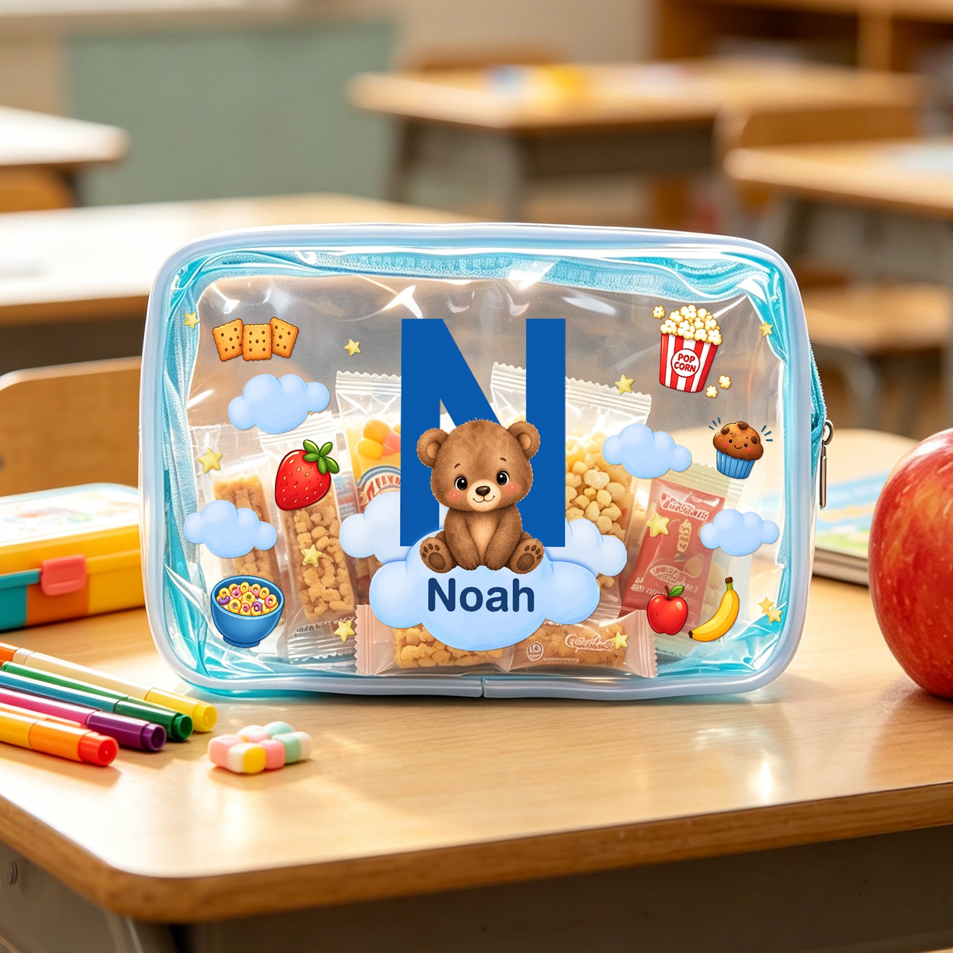 Personalized Cartoon Animal Portable Waterproof Clear Snack Bag with Name and Initial Travel Daily Use Back to School Birthday Gift  for Boys Girls