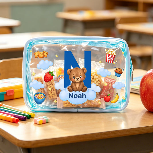 Personalized Cartoon Animal Portable Waterproof Clear Snack Bag with Name and Initial Travel Daily Use Back to School Birthday Gift  for Boys Girls