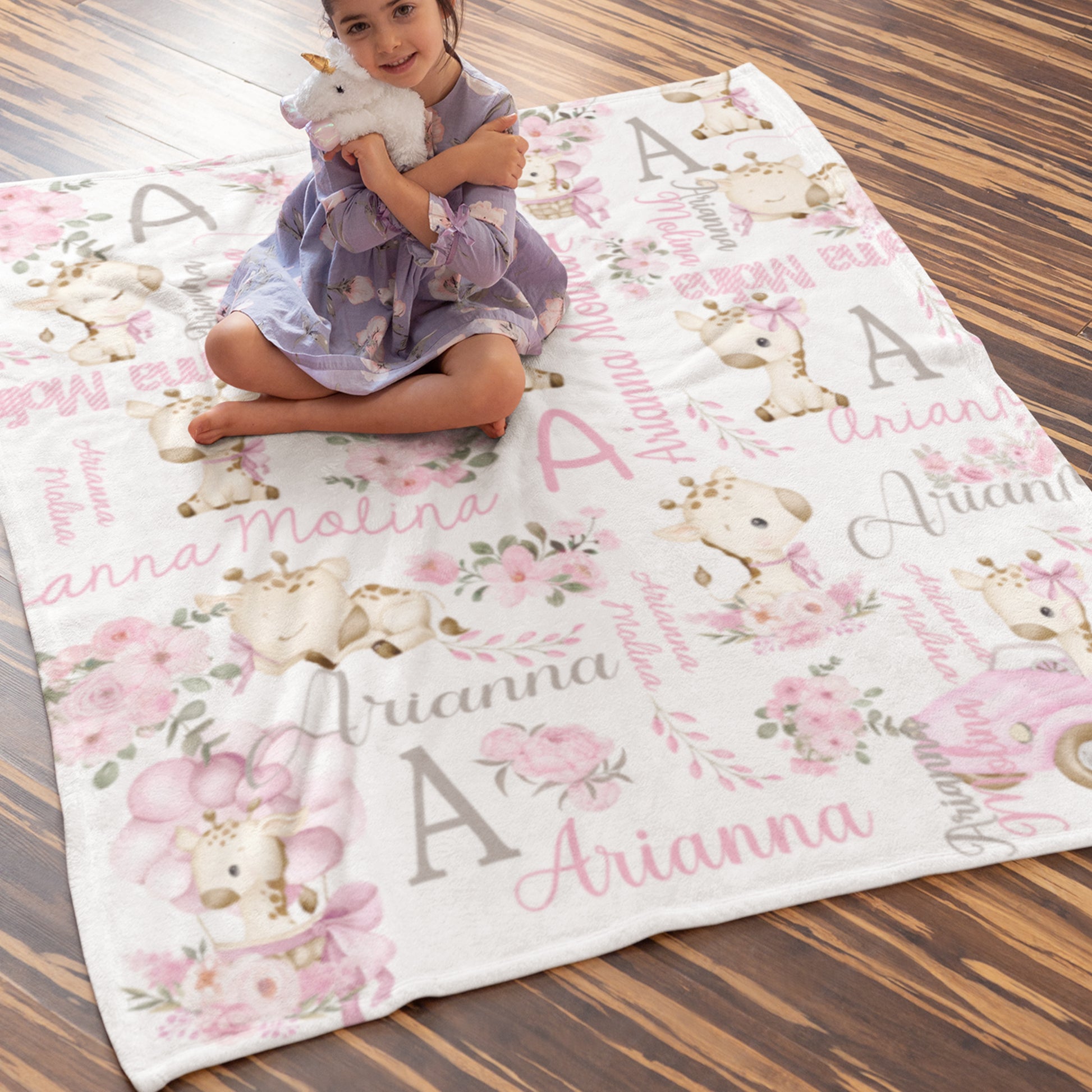 Personalized Cute Floral Giraffe Soft Throw Blanket with Initial and Name Nursery Decor Baby Shower Birthday Gift for Kids Newborn
