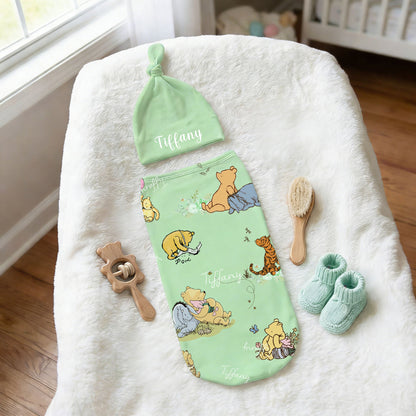 Personalized Classic Winnie the Pooh 100% Cotton Soft Swaddle Hat Set with Name Birthday Baby Shower Gift for Baby Newborn