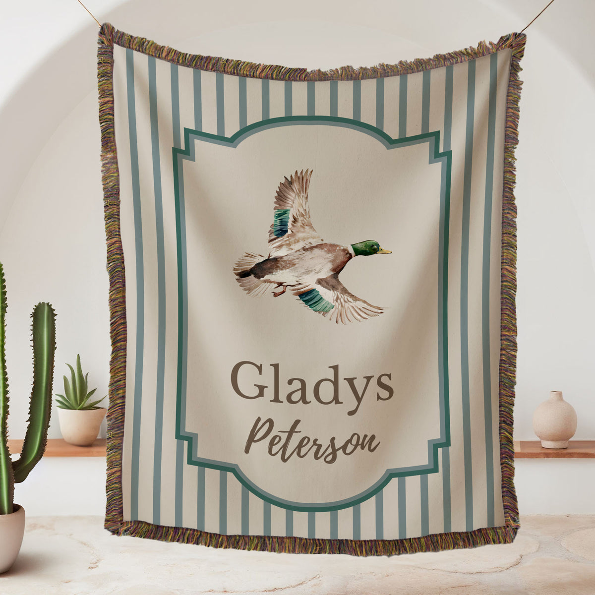 Personalized Mallard Duck Pattern Striped Tassel Woven Throw Blanket with Name Nursery Decor Birthday Baby Shower Gift for Newborn New Parents