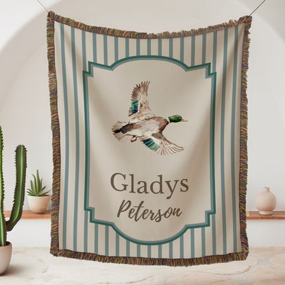 Personalized Mallard Duck Pattern Striped Tassel Woven Throw Blanket with Name Nursery Decor Birthday Baby Shower Gift for Newborn New Parents