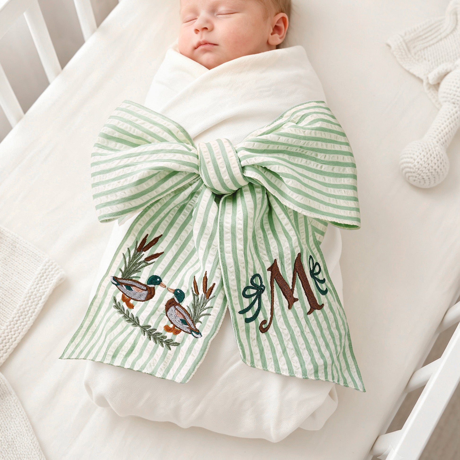 Personalized Mallard Ducks & Sage Green Baby Sash with Embroidered Initial Newborn Photography Prop Nursery Decor Baby Shower Gift for New Mom Dad
