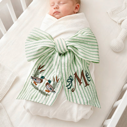 Personalized Mallard Ducks & Sage Green Baby Sash with Embroidered Initial Newborn Photography Prop Nursery Decor Baby Shower Gift for New Mom Dad