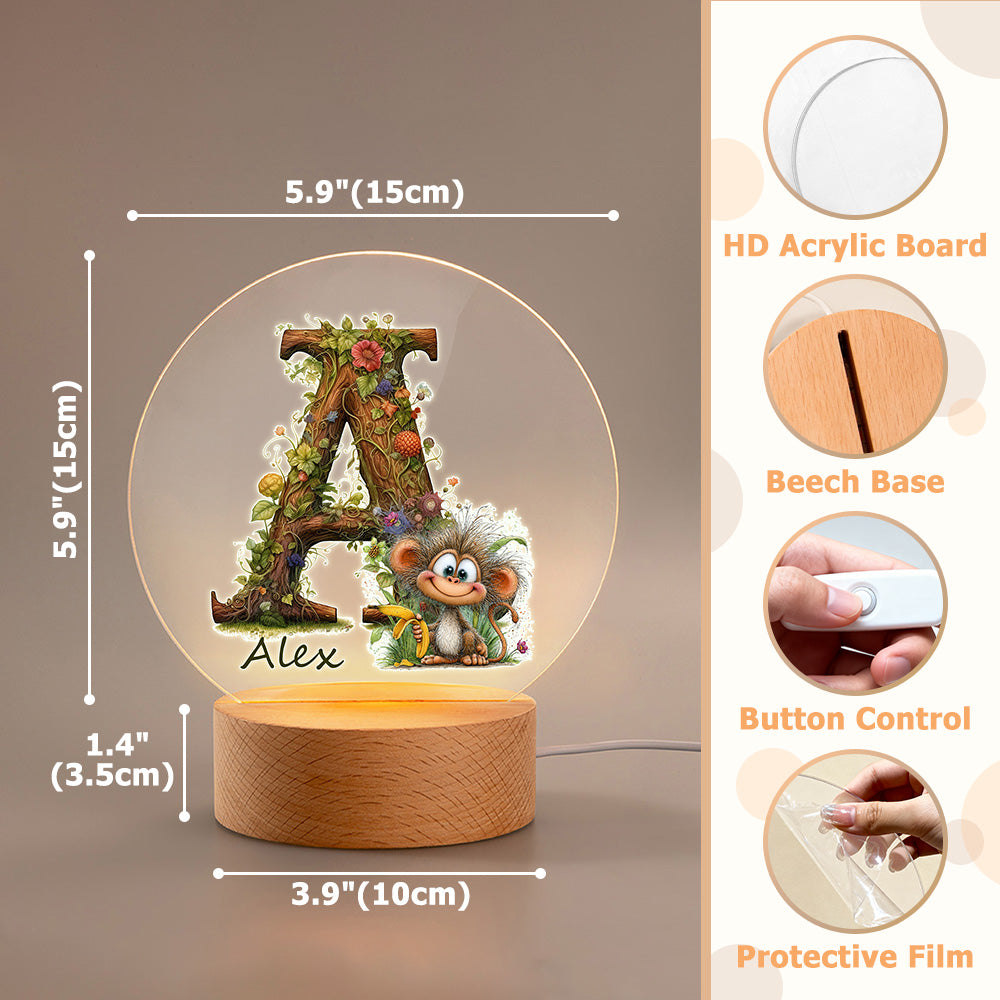 Personalized Jungle Animal Initial Acrylic Night Light with Name Bedroom Decor Baby Shower Gift for Babies Toddlers