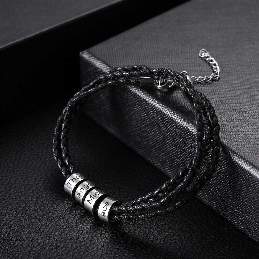 Braided Leather Bracelet with Custom Name Beads