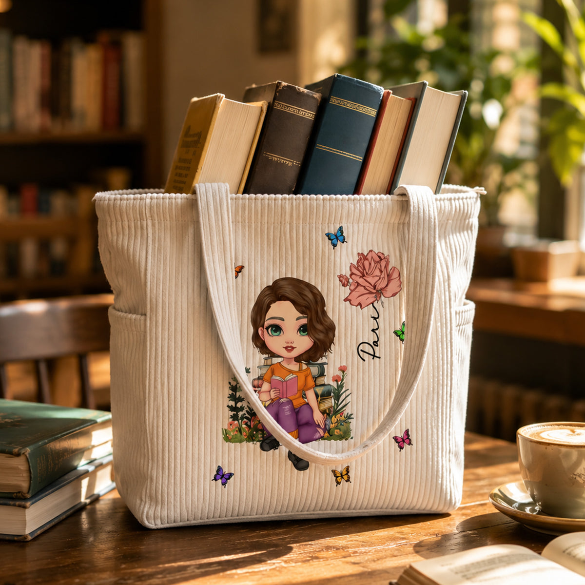 Personalized Cartoon Reading Character Birth Flower Large Capacity Corduroy Tote Bag with Name Travel Essential Birthday Gift for Book Lover Bookworm
