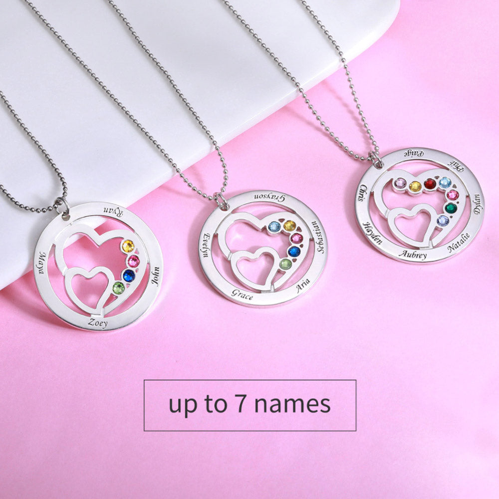Heart in Heart Mom Necklace With 1-7 Children's Birthstones and Names | Callie