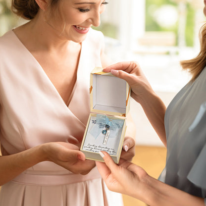 Personalized Blue Crystal Bridal Bouquet Charm with Engraved Text and Card Something Blue Wedding Gift for Bride