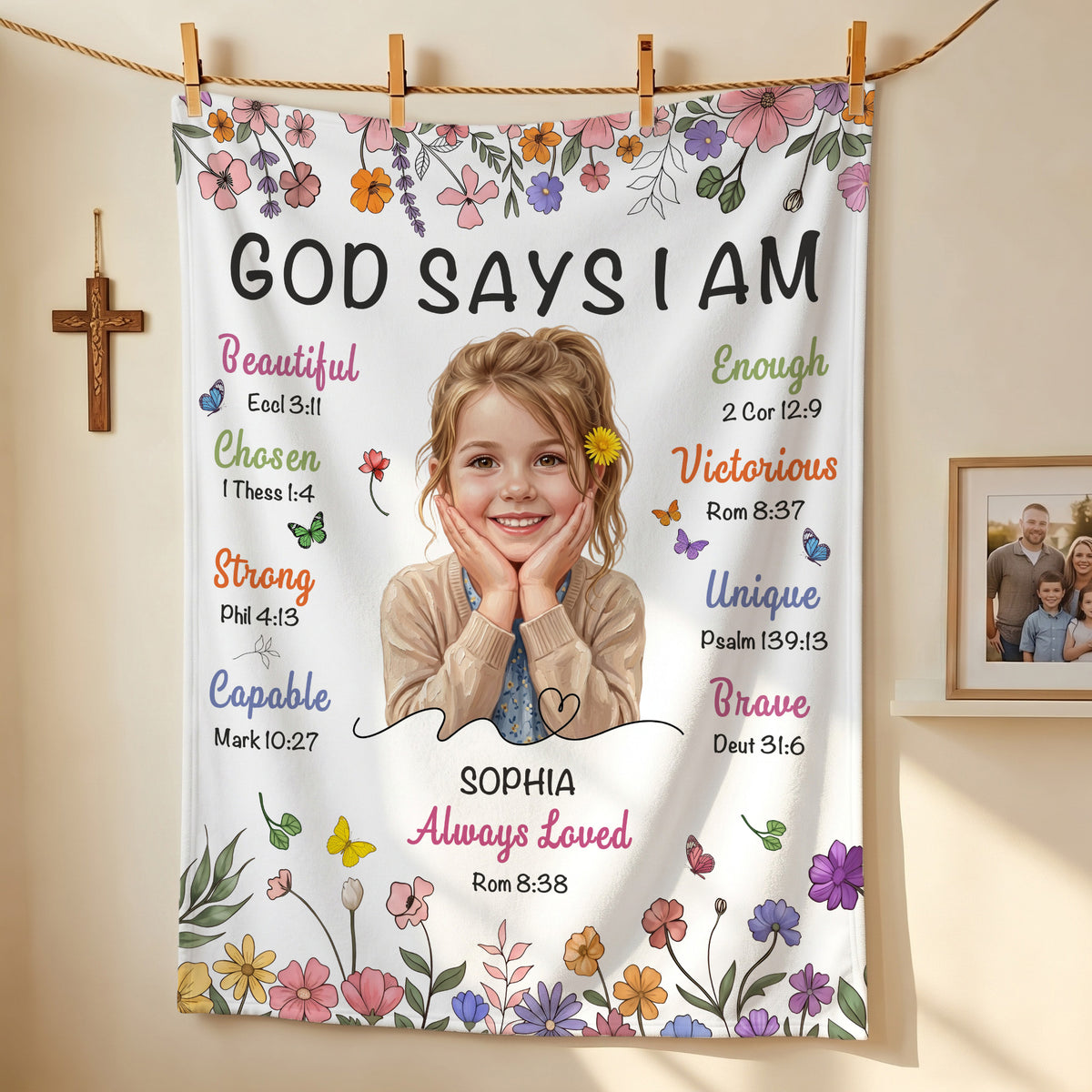 Personalized God Says I Am Thick Paint Illustration Soft Throw Blanket with Photo Text and Name Home Decor Baptism Gift for Christian Believers