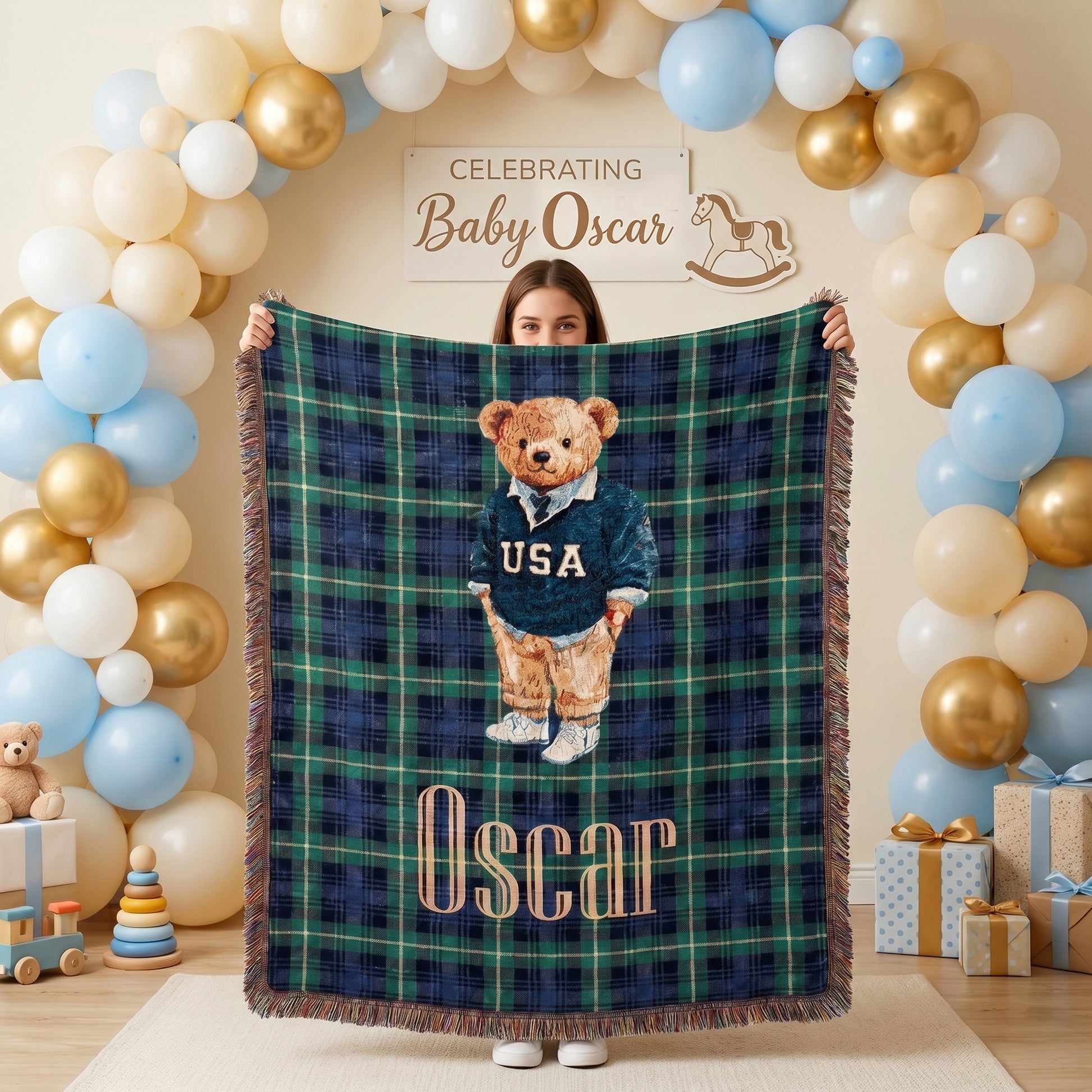 Personalized Plaid Cartoon Teddy Bear Soft Throw Blanket with Tassel and Name Baby Shower Christening Gift for New Parent
