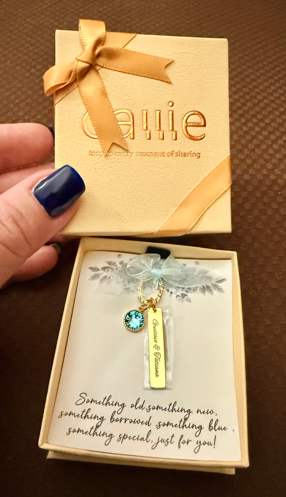 Personalized Blue Crystal Bridal Bouquet Charm with Engraved Text and Card Something Blue Wedding Gift for Bride - CALLIE