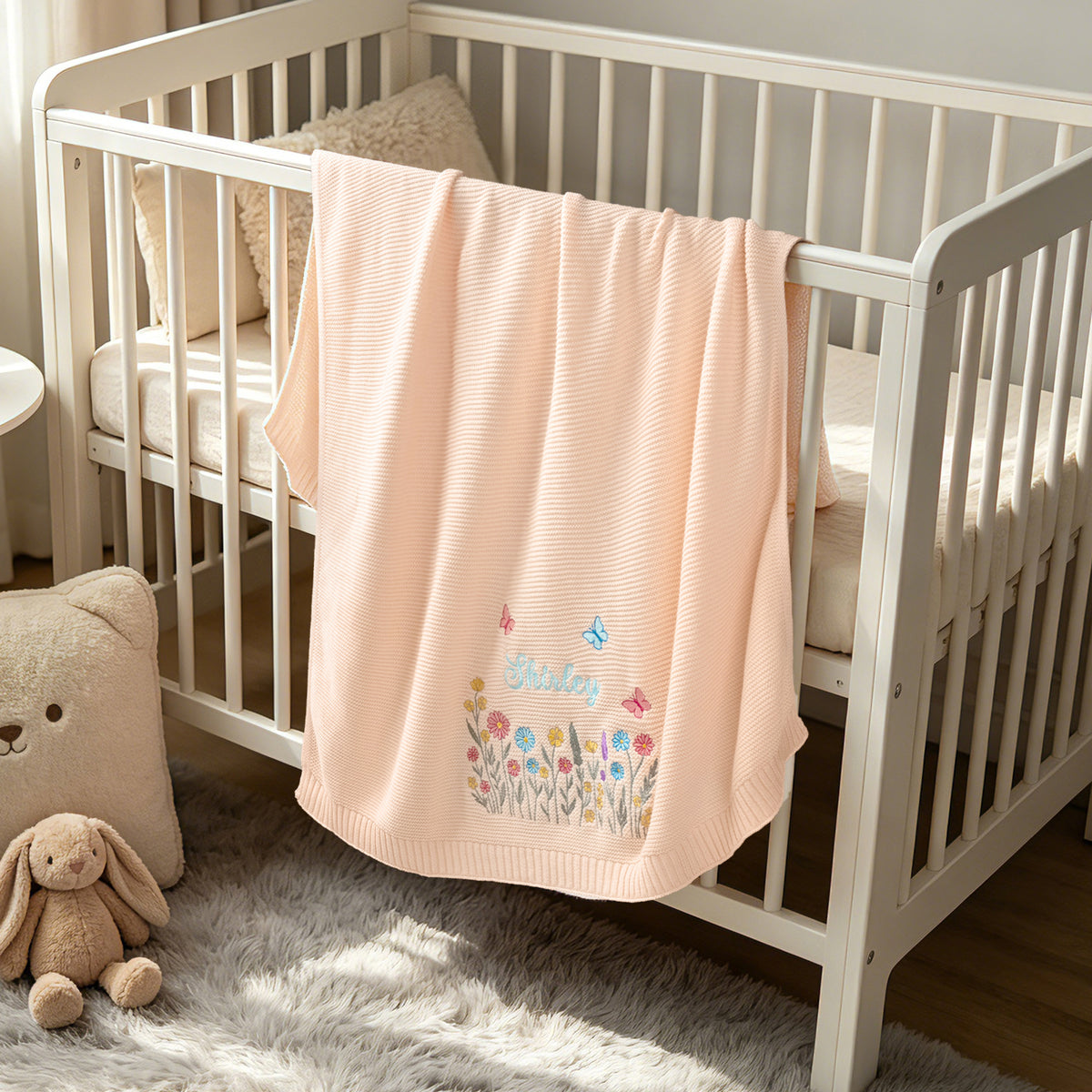 Personalized Embroidered Wildflower Cotton Knit Baby Blanket with Name Birthday Baby Shower Gift for Infants Baby Girls