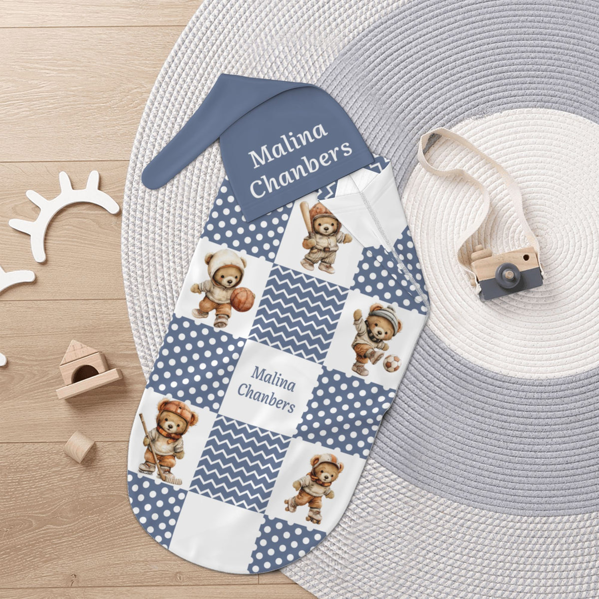 Personalized Sports Teddy Bear Polka Dot 100% Cotton Soft Swaddle Hat Set with Name Baby Shower Birthday Gift for Newborn New Parent