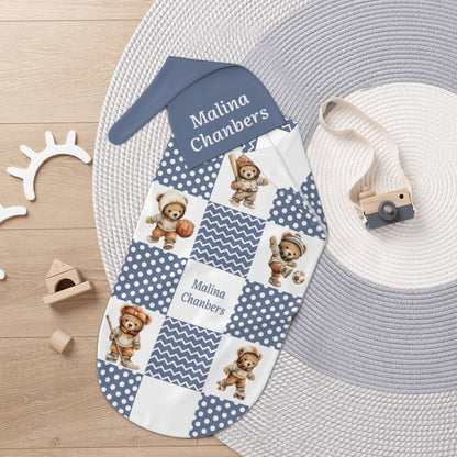 Personalized Sports Teddy Bear Polka Dot 100% Cotton Soft Swaddle Hat Set with Name Baby Shower Birthday Gift for Newborn New Parent
