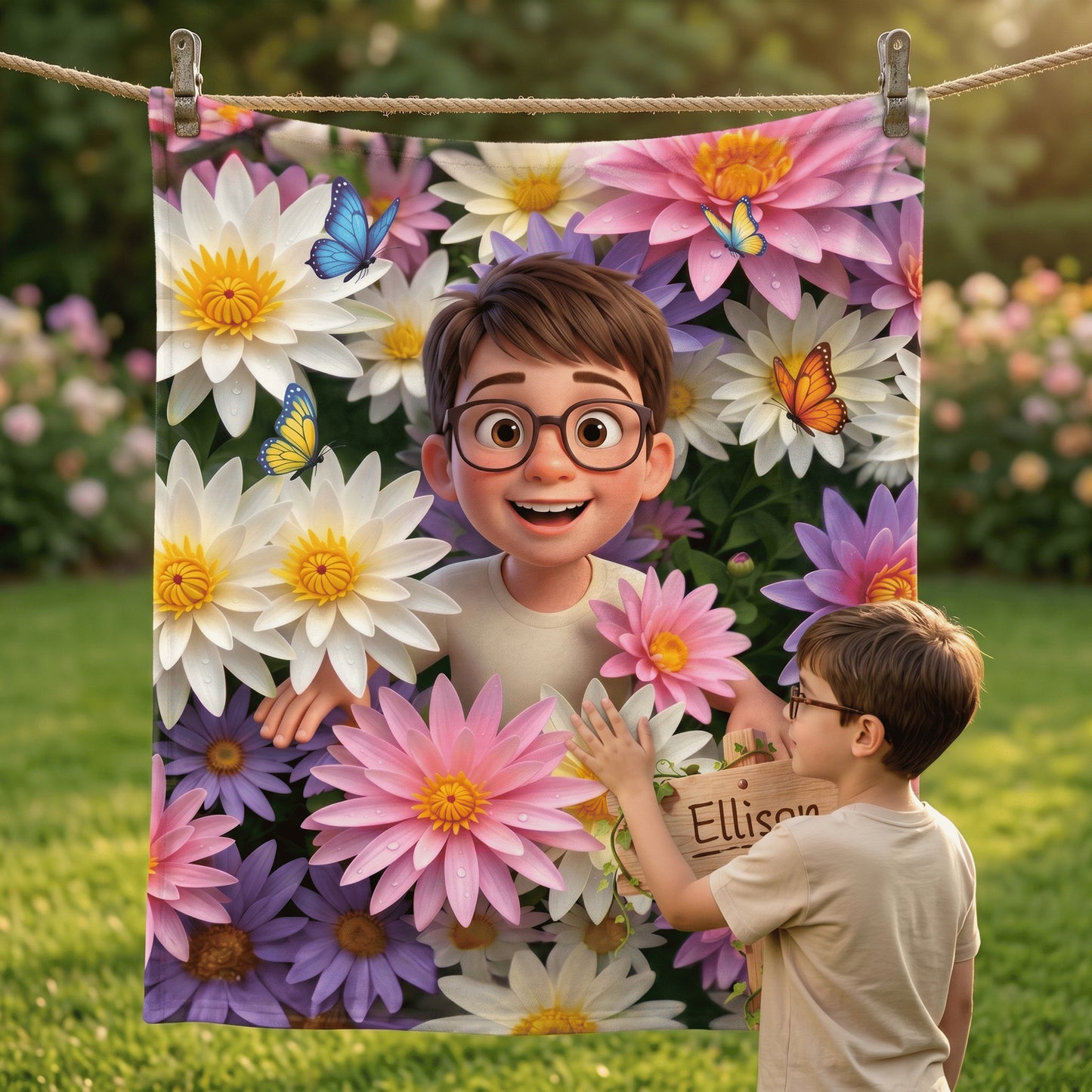Personalized Birth Flower Cartoon Character Photo Soft Throw Blanket with Name Home Decor Birthday Gift for Kids