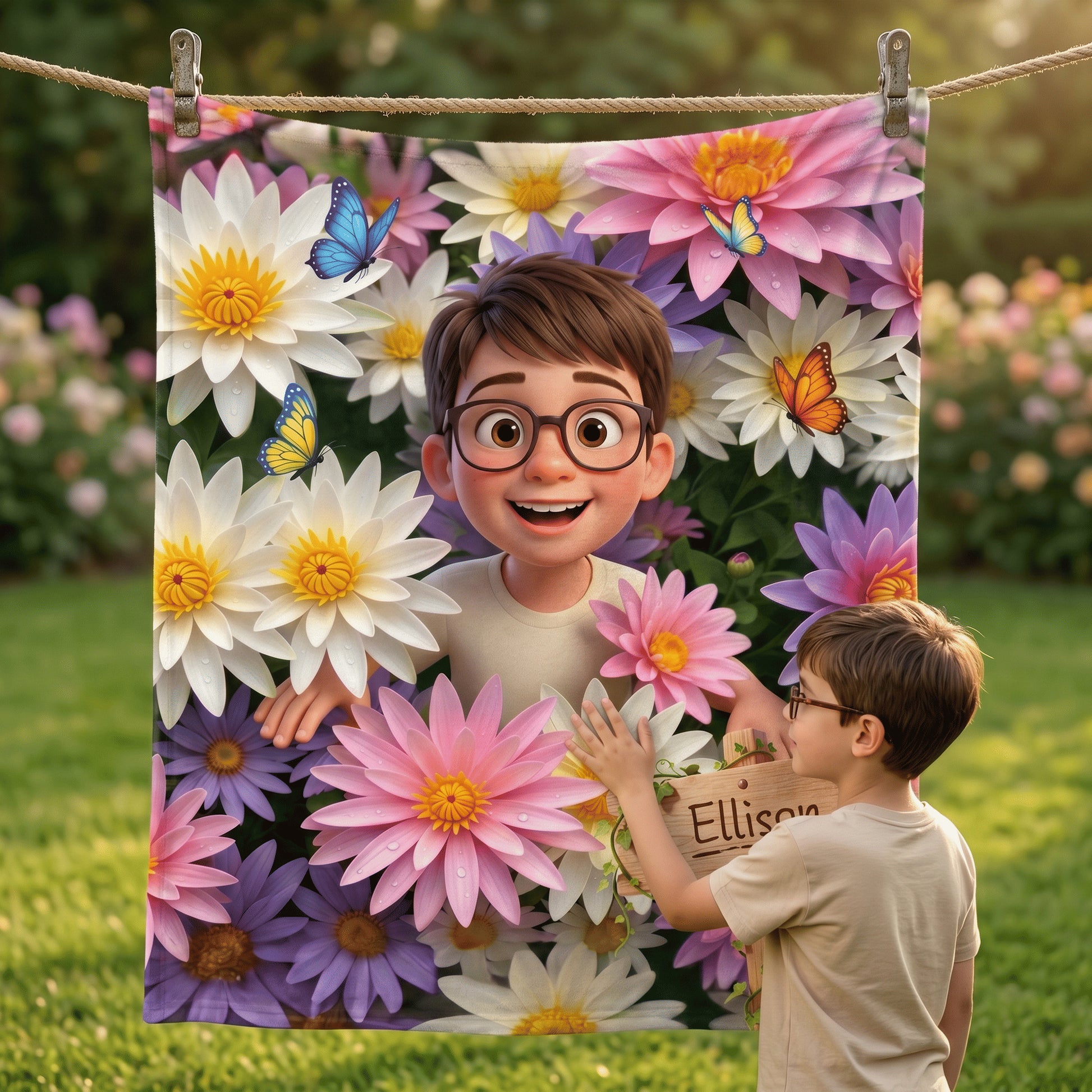 Personalized Birth Flower Cartoon Character Photo Soft Throw Blanket with Name Home Decor Birthday Gift for Kids