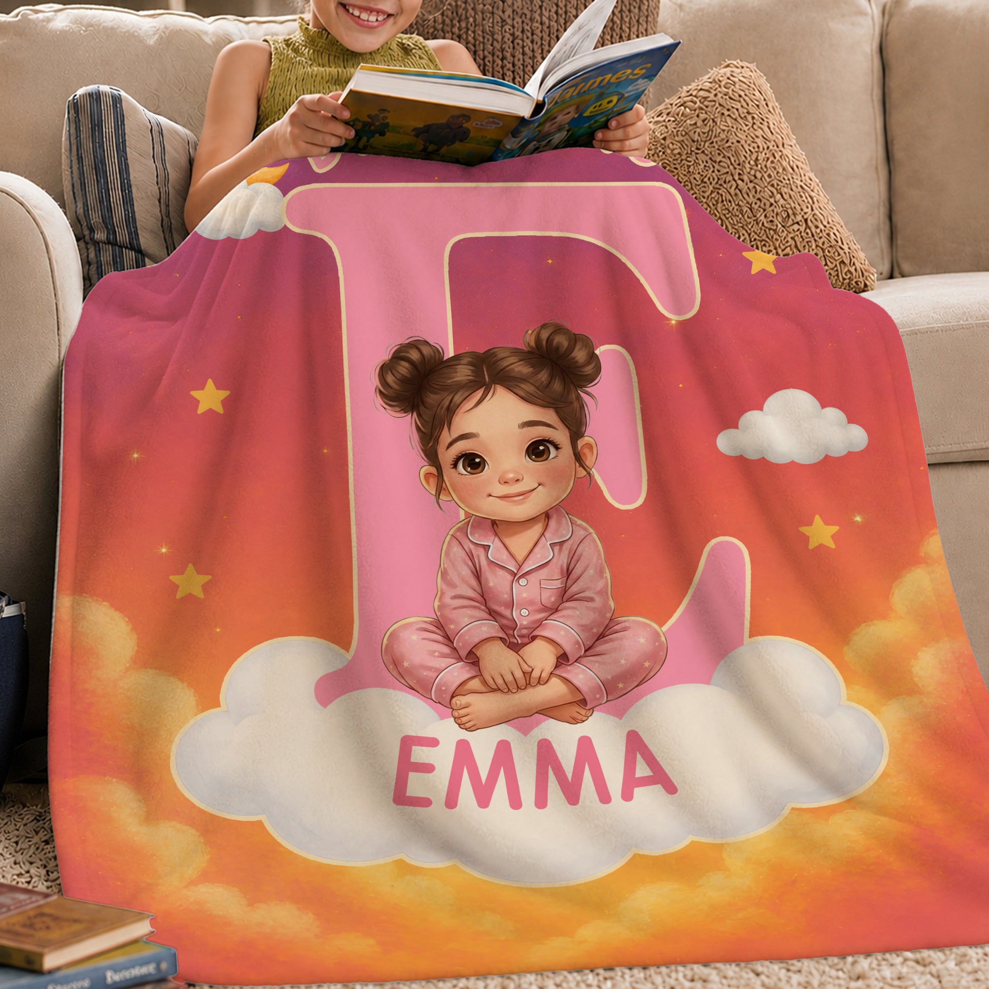 Personalized Cartoon Pajamas Kid Character Photo Soft Throw Blanket with Name Home Decor Birthday Back to School Gift for Kids Boys Girls