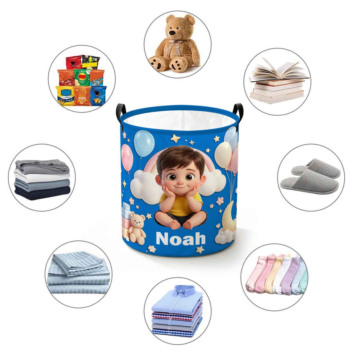 Personalized Cartoon Style Photo Waterproof Laundry Storage Basket with Name and Handles Room Decor Birthday Gift for Kids Boys Girls