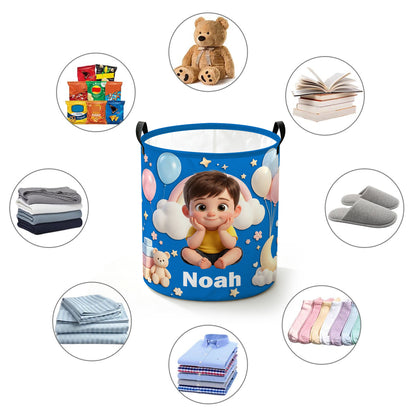 Personalized Cartoon Style Photo Waterproof Laundry Storage Basket with Name and Handles Room Decor Birthday Gift for Kids Boys Girls