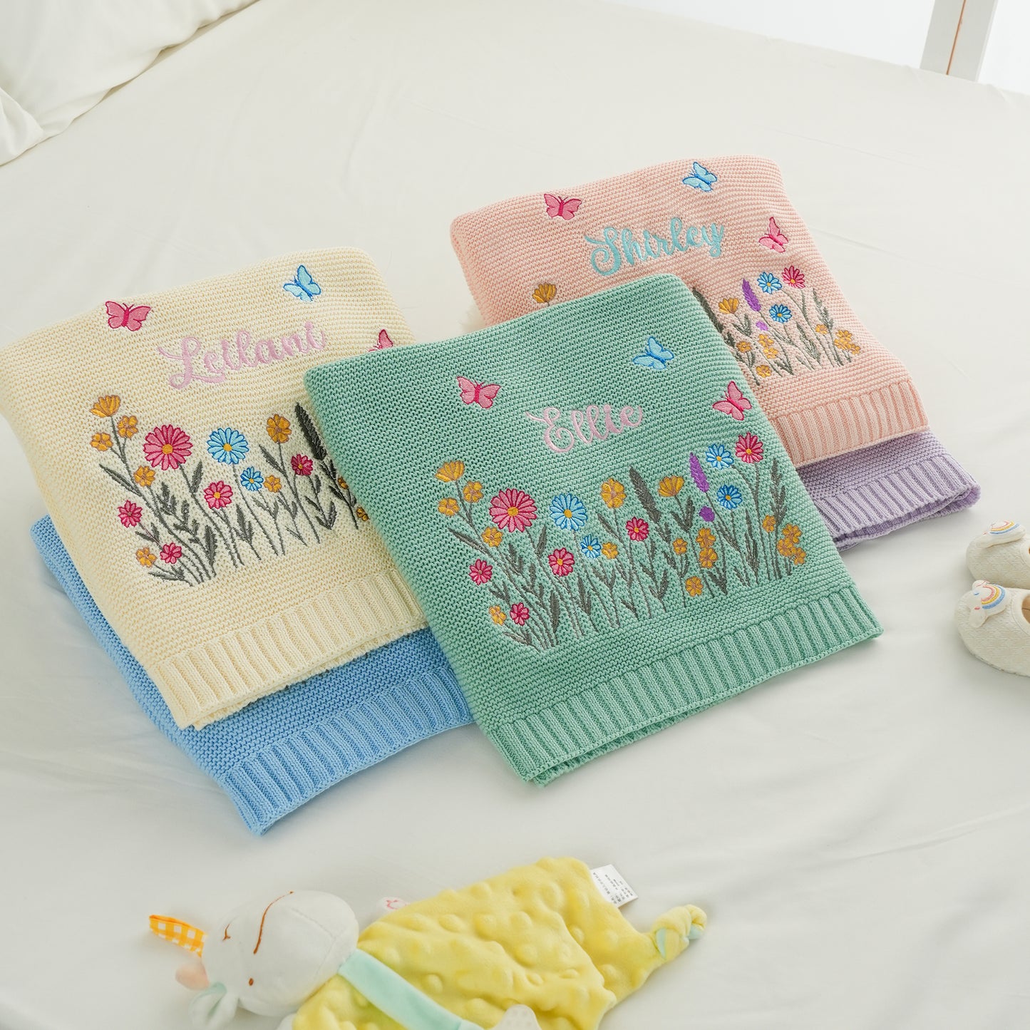 Personalized Embroidered Wildflower Cotton Knit Baby Blanket with Name Birthday Baby Shower Gift for Infants Baby Girls
