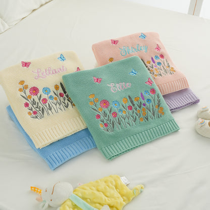 Personalized Embroidered Wildflower Cotton Knit Baby Blanket with Name Birthday Baby Shower Gift for Infants Baby Girls