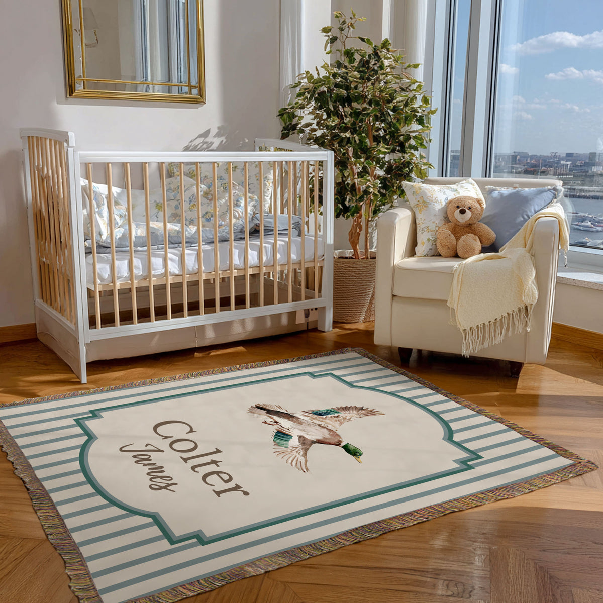 Personalized Mallard Duck Pattern Striped Tassel Woven Throw Blanket with Name Nursery Decor Birthday Baby Shower Gift for Newborn New Parents