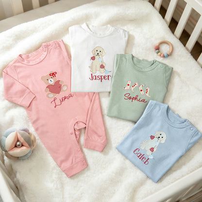 Personalized Cute Dog Bear Cowboy Boots 100% Cotton Baby Romper with Name Baby Shower Valentine's Day Gift for Newborn Mom