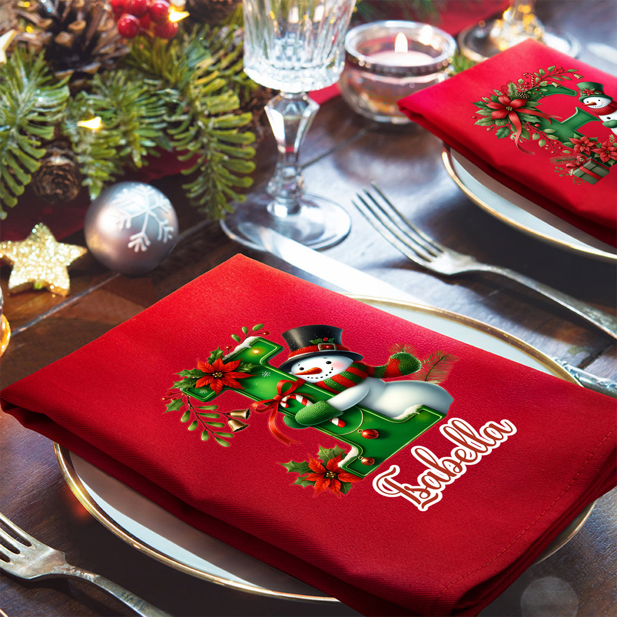 Personalized 100% Cotton Christmas Snowman Initial Reusable Table Napkin with Name Table Decor Christmas Gift for Family