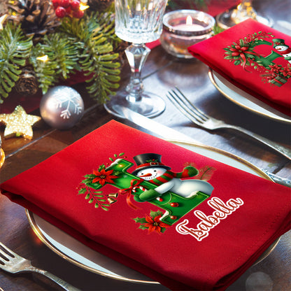Personalized 100% Cotton Christmas Snowman Initial Reusable Table Napkin with Name Table Decor Christmas Gift for Family
