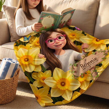Personalized Birth Flower Cartoon Character Photo Soft Throw Blanket with Name Home Decor Birthday Gift for Kids