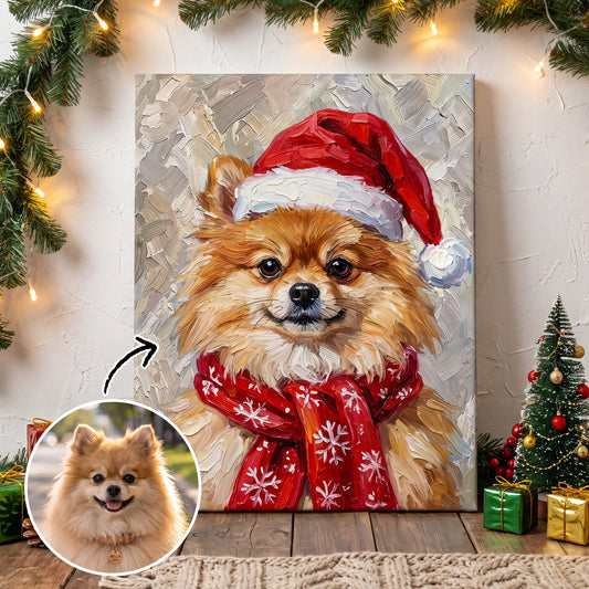 Personalized Oil Painting Style Christmas Hat Dog Cat Photo Large Canvas Prints with Name Home Decor Ship from USA Christmas Gift for Pet Owner Lover
