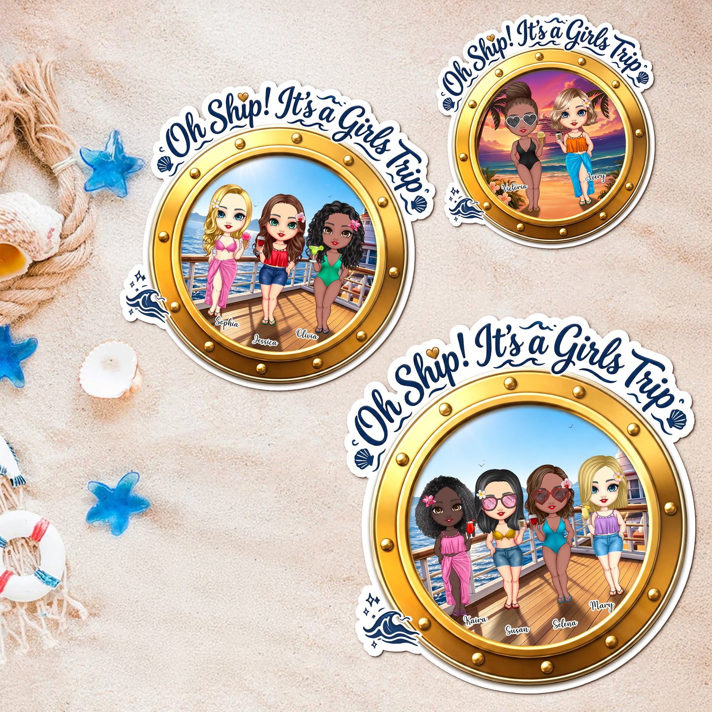 Personalized Girls Trip 2-4 Cartoon Character Cruise Magnet with Name Home Decor Travel Summer Vacation Holiday Birthday Gift for Friends Bestie