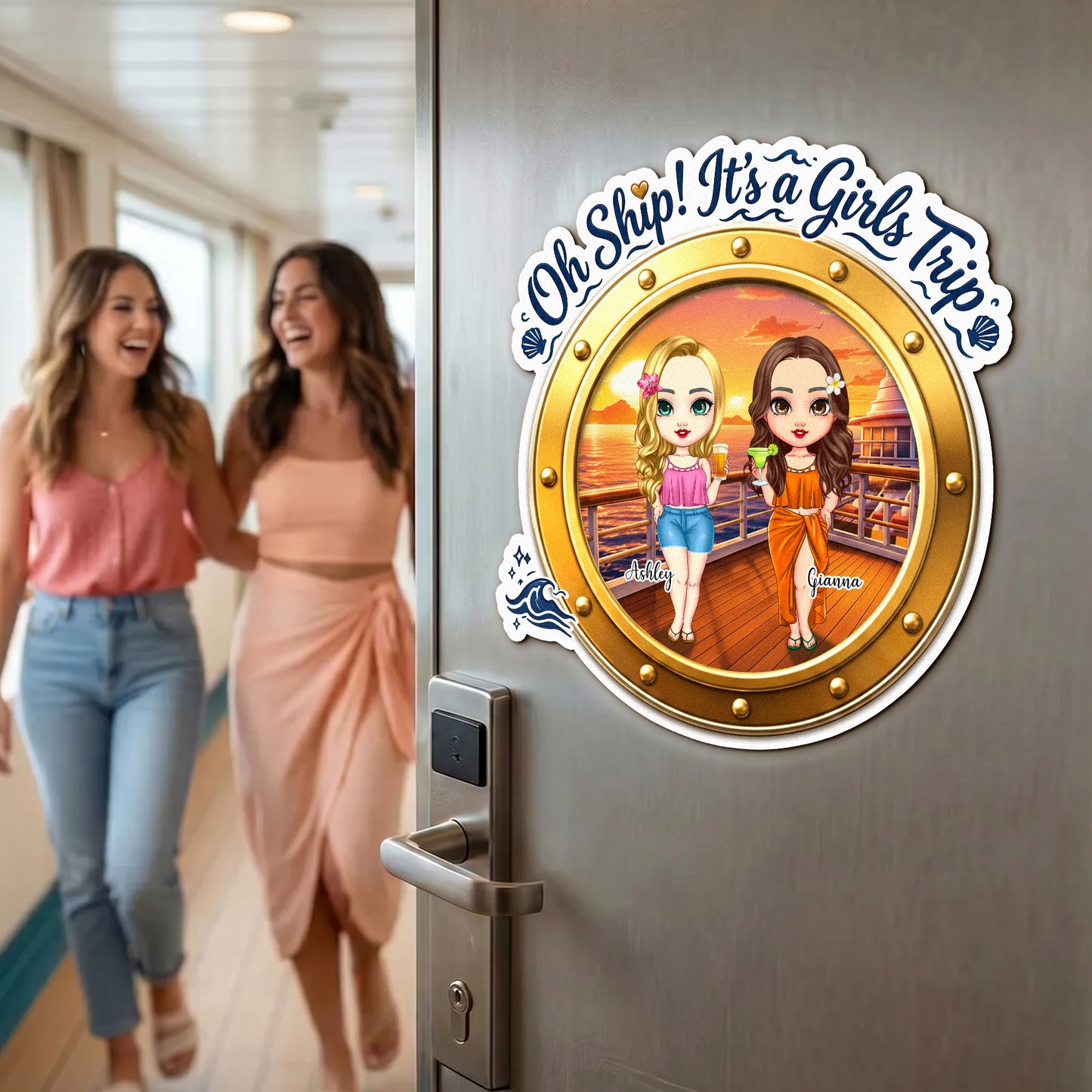 Personalized Girls Trip 2-4 Cartoon Character Cruise Magnet with Name Home Decor Travel Summer Vacation Holiday Birthday Gift for Friends Bestie