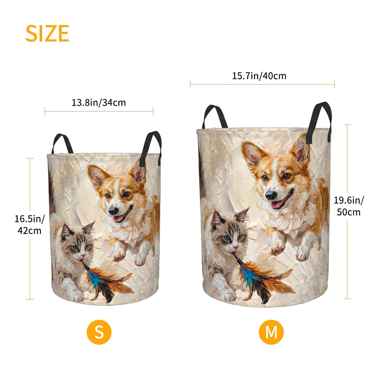 Personalized Oil Painting Style Pet Photo Large Capacity Laundry Basket with Name and Handle Nursery Decor Birthday Gift for Pet Owner Lover