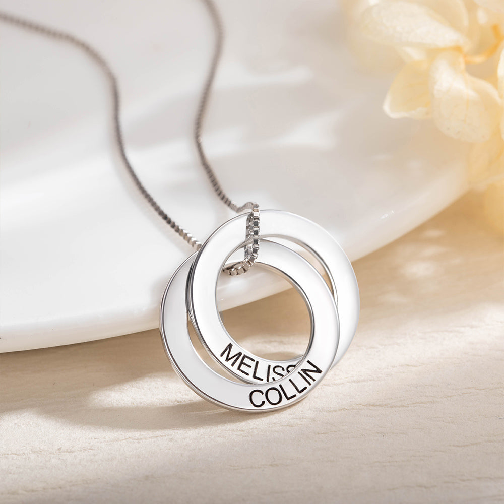 Personalized Sterling Silver 2-5 Russian Ring Interlocking Necklace with Engraved Name Mother's Day Birthday Gift for Family