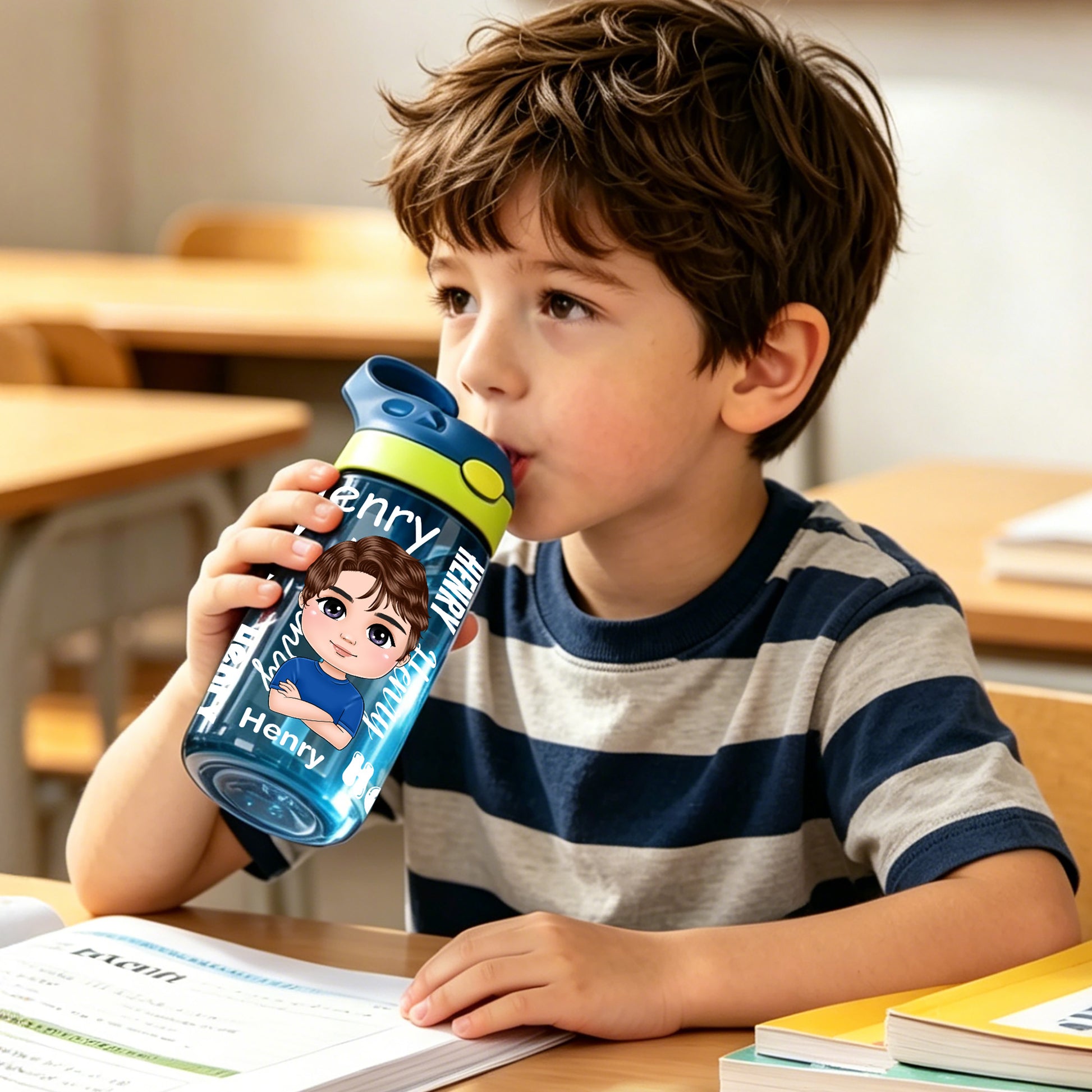 Personalized Cartoon Character Word Cloud 16 oz Water Bottle with Name and Silicone Straw Birthday Back to School Gift for Boys Girls