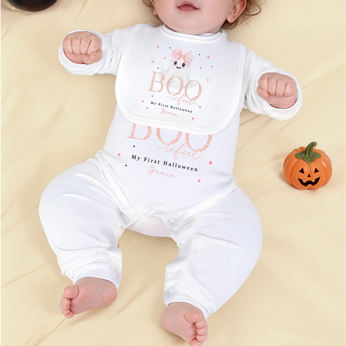 Personalized Cute Ghost Bow Baby Girl Bib Onesie Baby Bodysuit with Name Baby's First Halloween Gift for New Parents