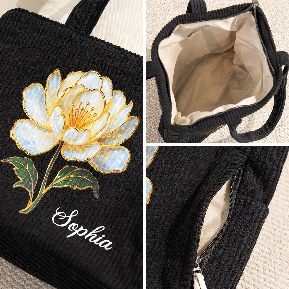 Personalized Birth Flower Large Capacity Corduroy Tote Bag with Name Daily Use Commuting Travel Birthday Gift for Women Office Workers