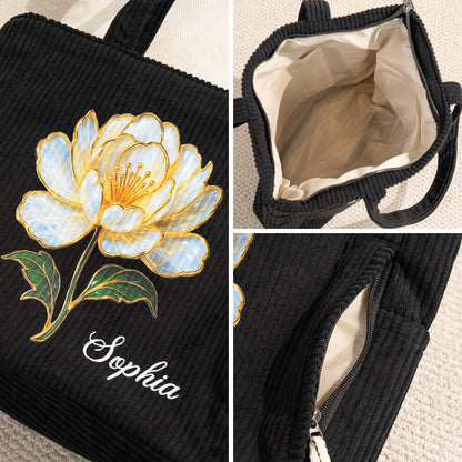 Personalized Birth Flower Large Capacity Corduroy Tote Bag with Name Daily Use Commuting Travel Birthday Gift for Women Office Workers