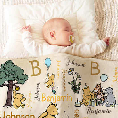 Personalized Classic Winnie the Pooh and Friends Soft Throw Blanket with Initial Name Nursery Decor Birthday Baby Shower Gift for Kids Newborns